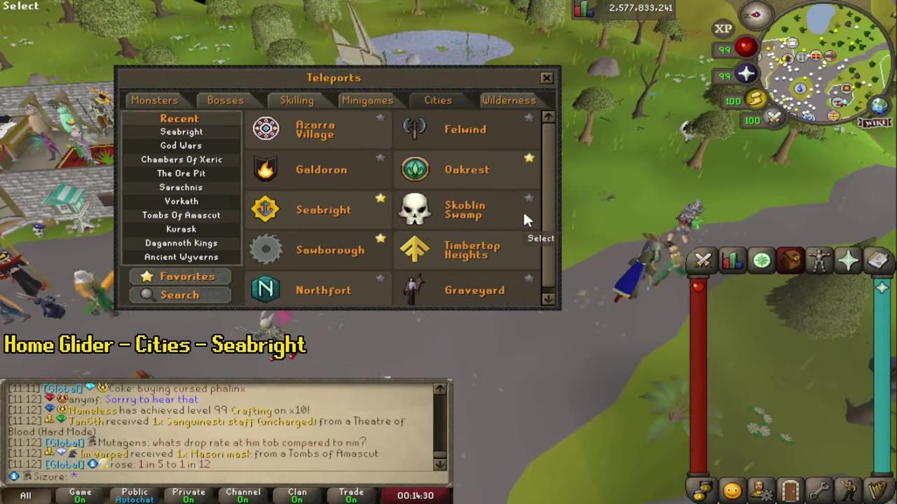 Game interface showing the teleport menu with Seabright highlighted.