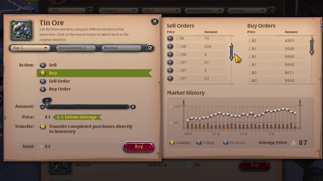 Marketplace interface for Tier 3 tin ore showing buy and sell order details and market history.