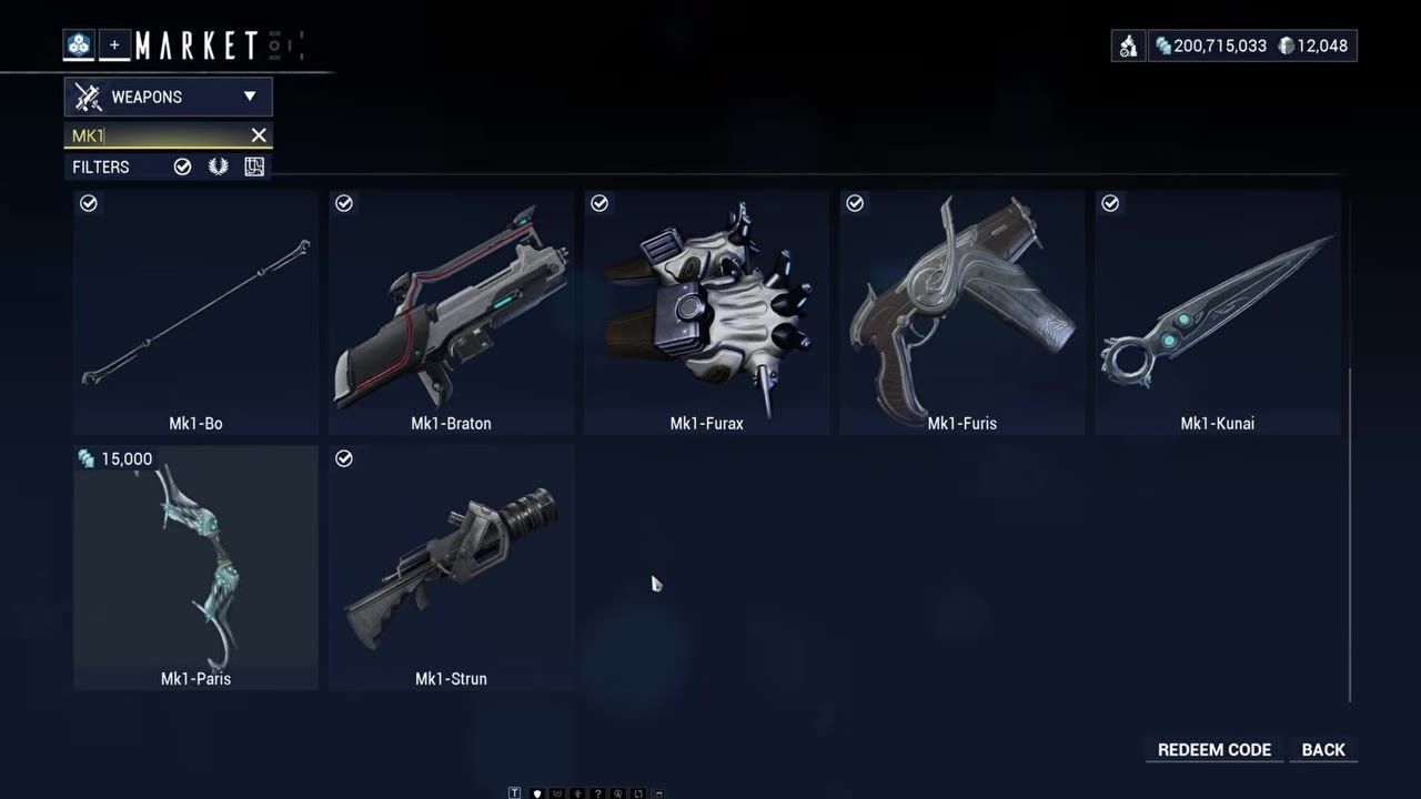 Market interface showing MK1 weapons available for purchase in-game.