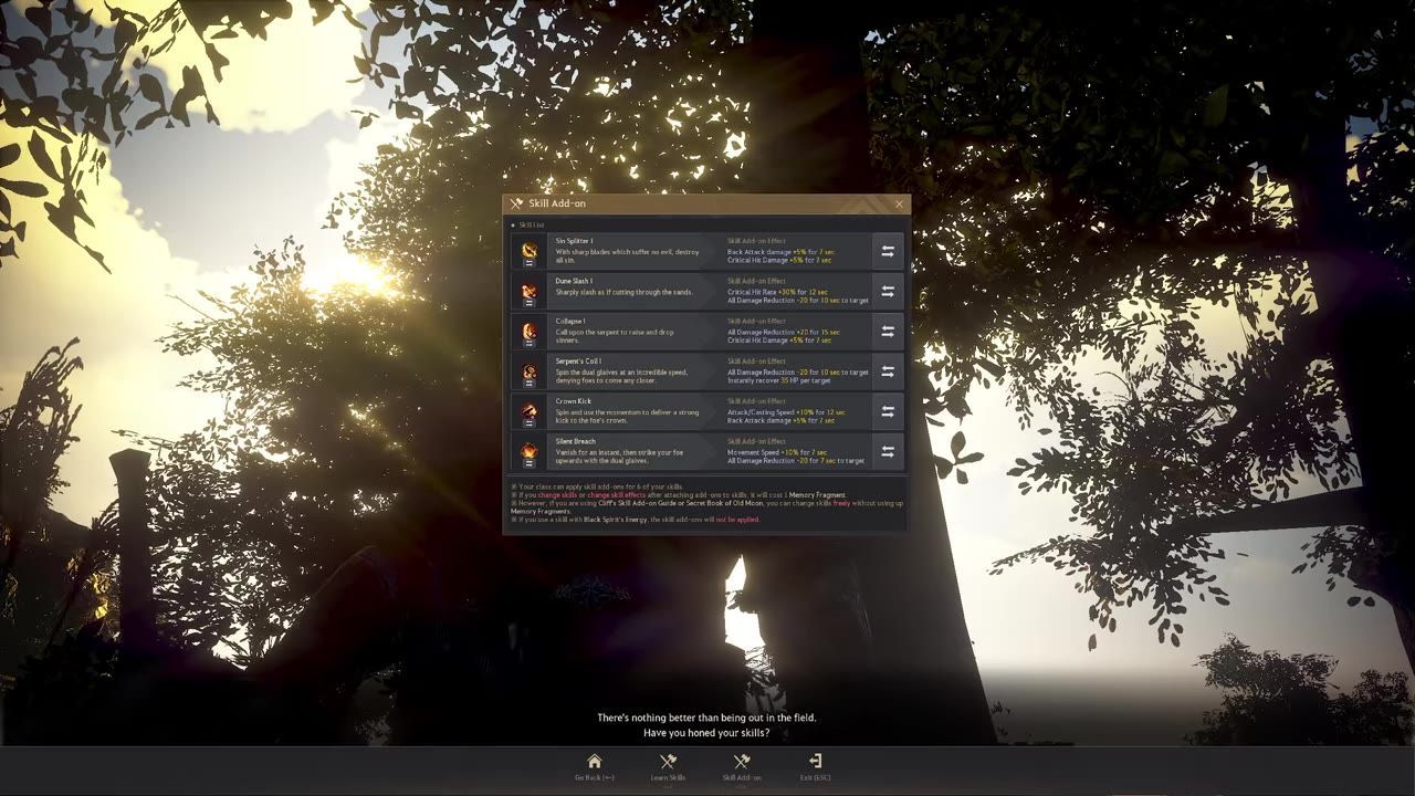 The skill add-on menu in Black Desert Online showing selected add-ons for Hashashin.