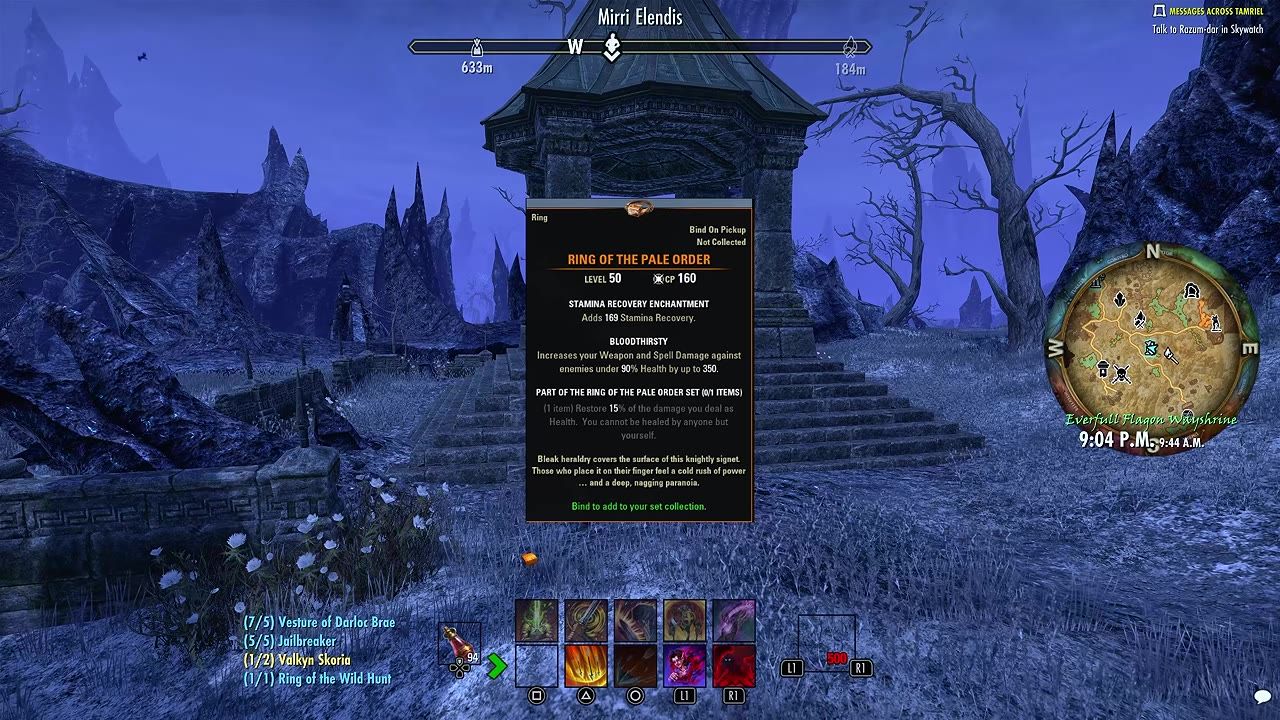 An item tooltip for Ring of the Pale Order is open over an outdoor landscape in The Elder Scrolls Online, with the minimap and action bar visible.