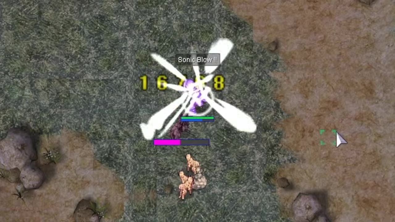An Assassin in combat using Sonic Blow ability while surrounded by monsters, displaying damage numbers.