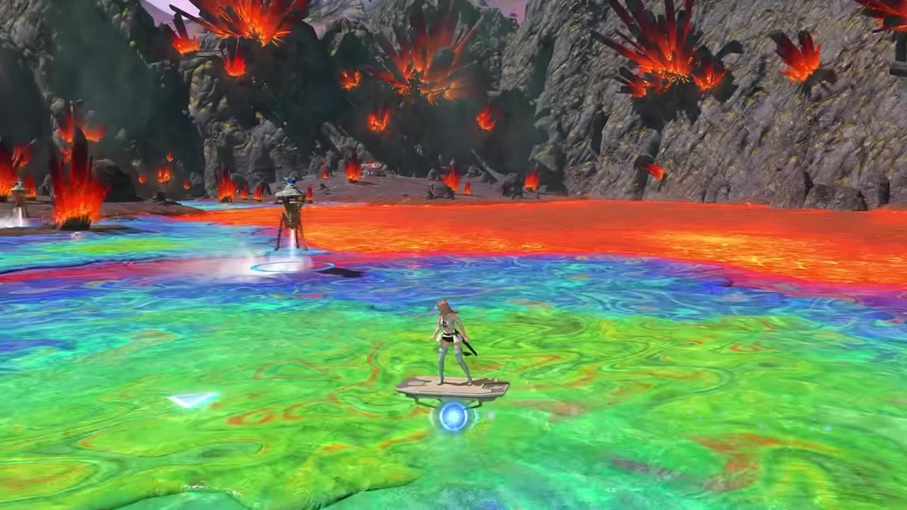 A vibrant landscape with molten glass-like textures and erupting lava-like spires surrounded by rocky terrain.