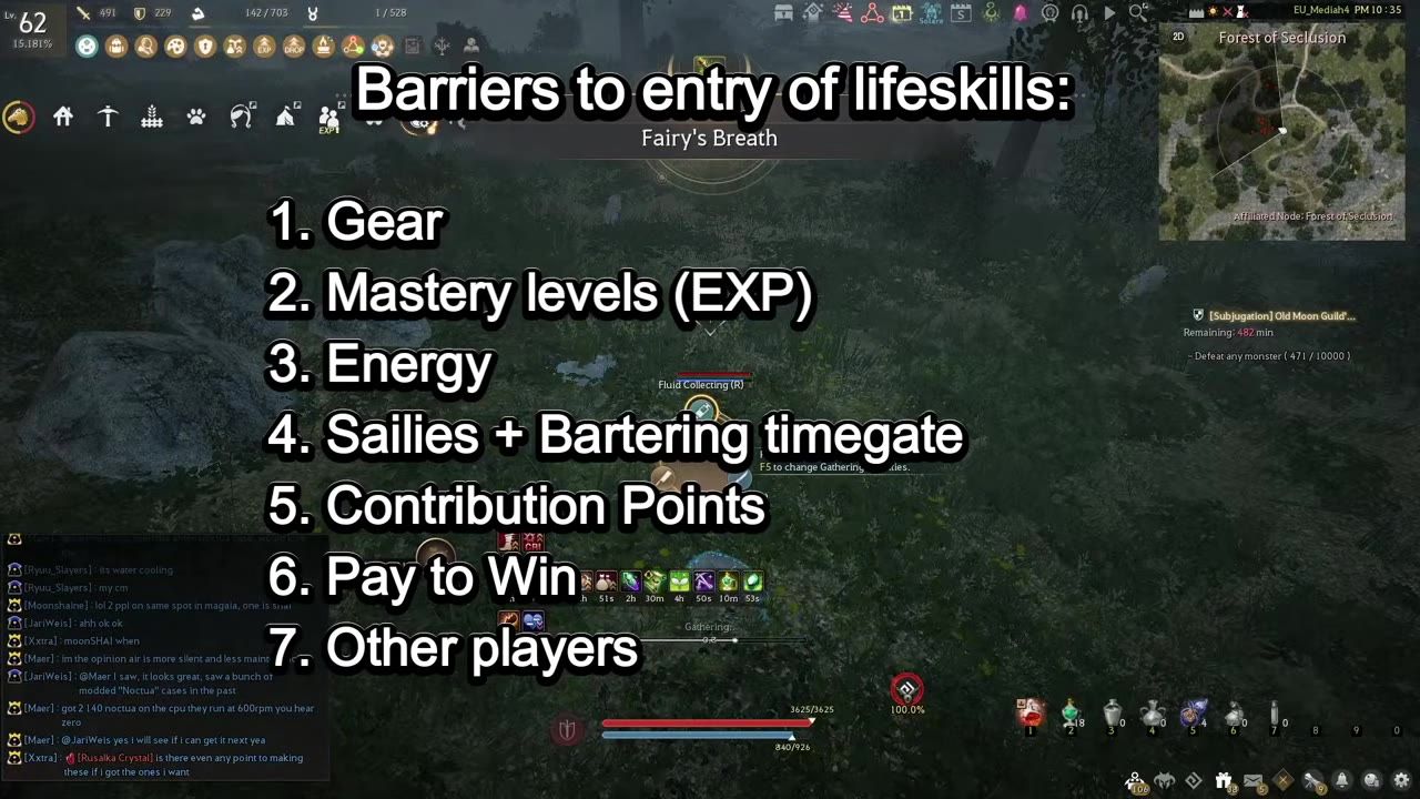 A Black Desert gameplay screen shows large overlaid text listing barriers to entry for lifeskills, including gear, mastery levels, energy, sailies and bartering timegate, contribution points, pay to win, and other players.