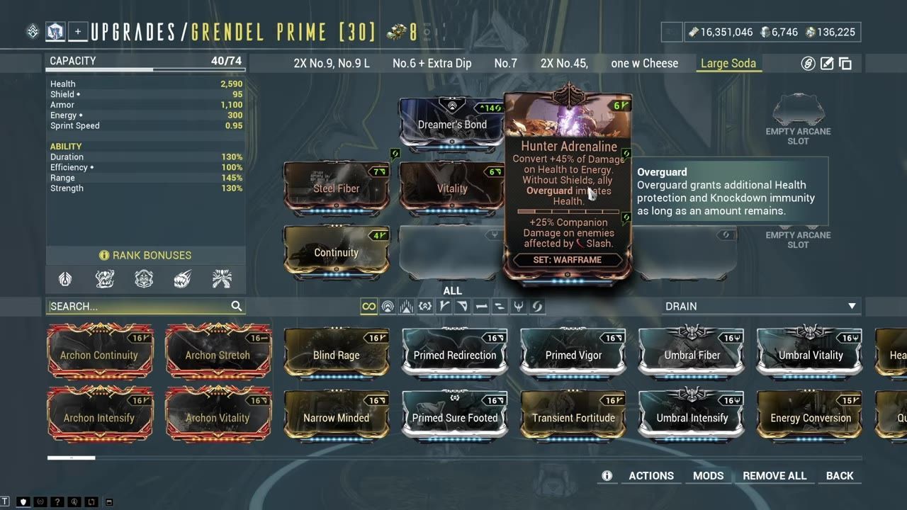 Display showing the mods setup for Grendel Prime, with displayed stats and chosen mods.