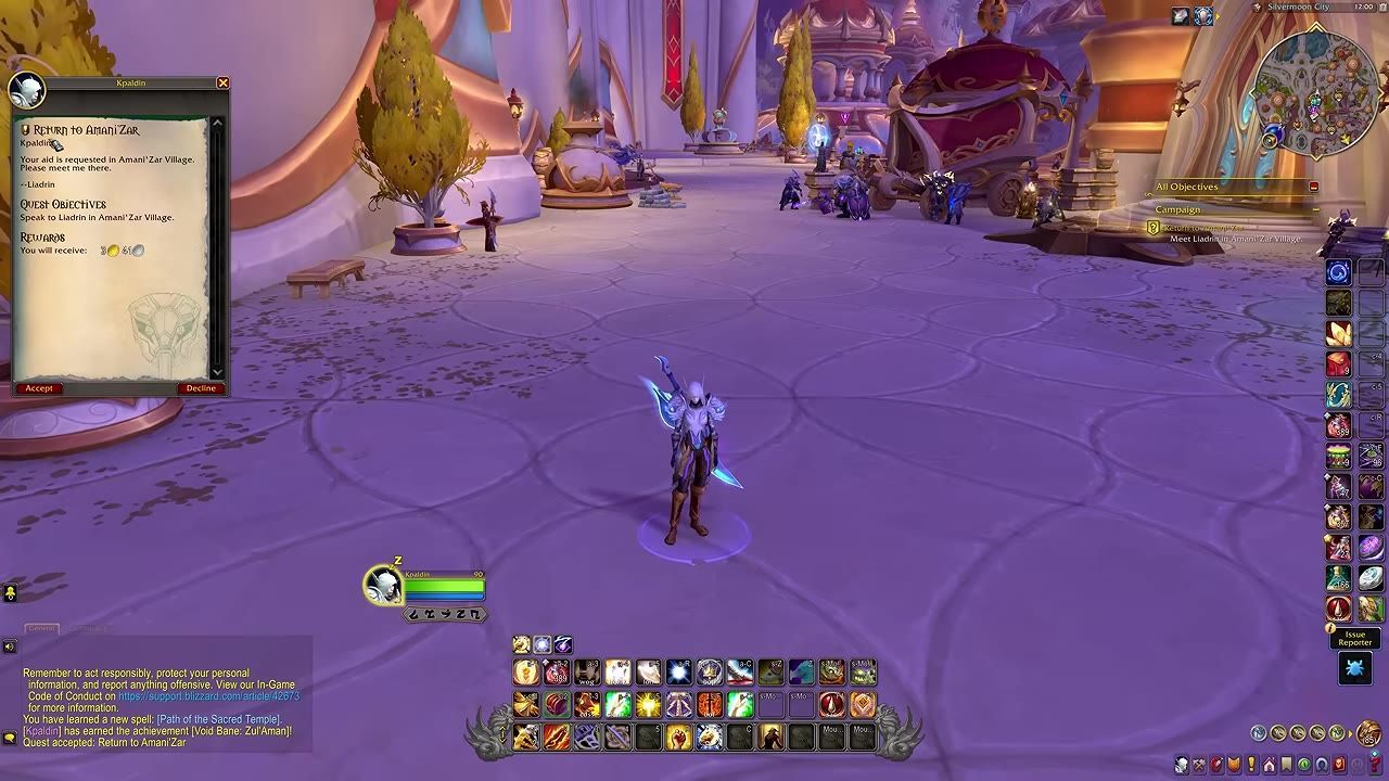 Game interface showing the quest 'Return to Amani Zar' pop-up dialogue displayed for the player.