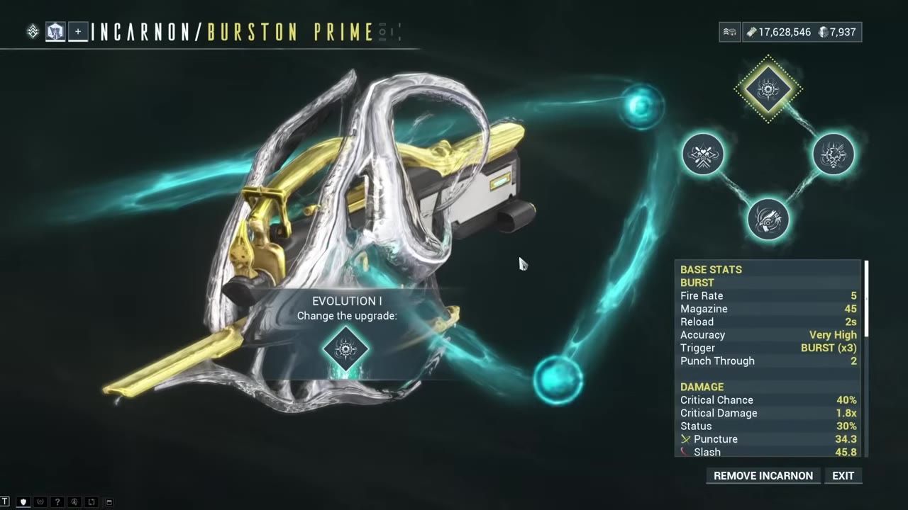 Game interface showing Burston Prime's Incarnon evolution menu.