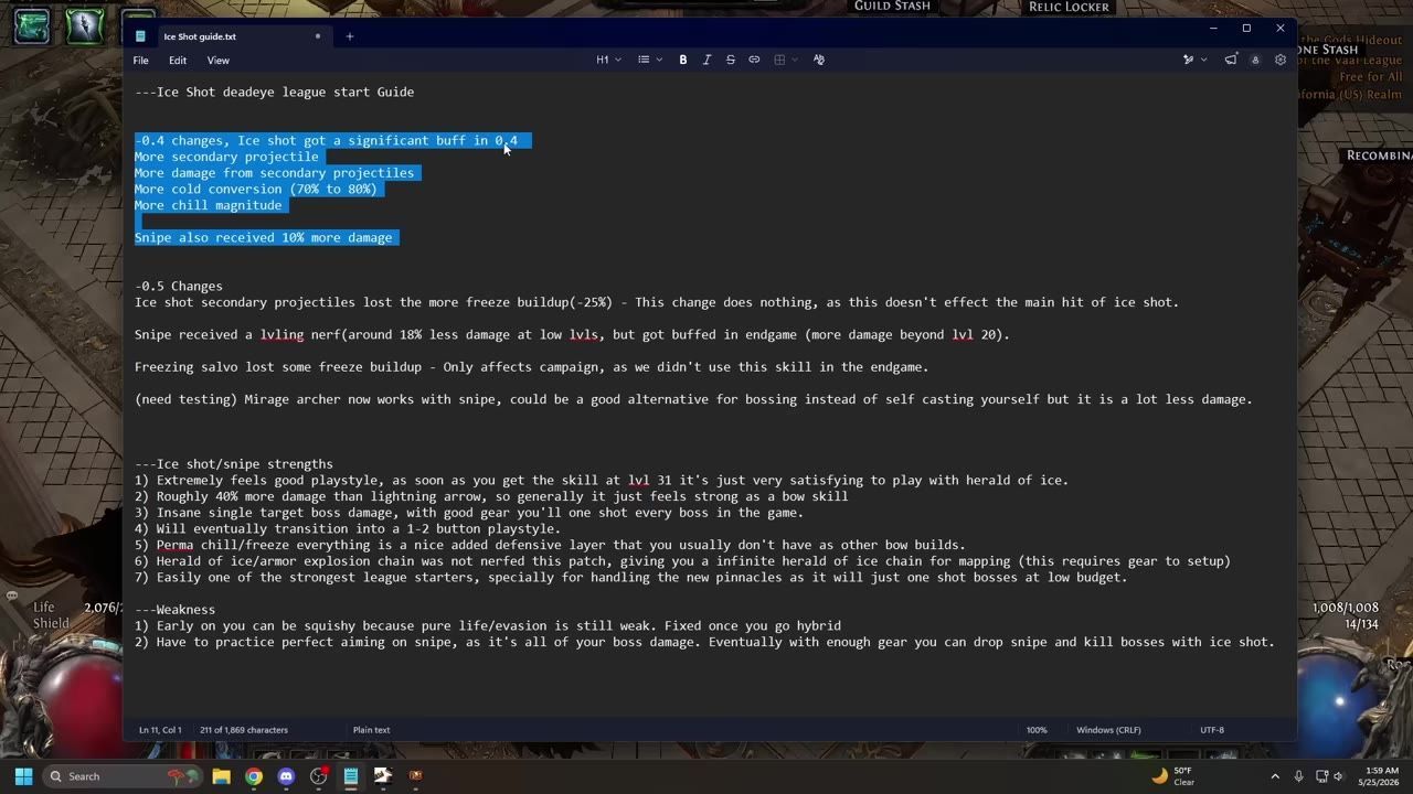 A text document detailing changes related to Ice Shot and Snipe skills, including patch-specific alterations, displayed on top of a game background.