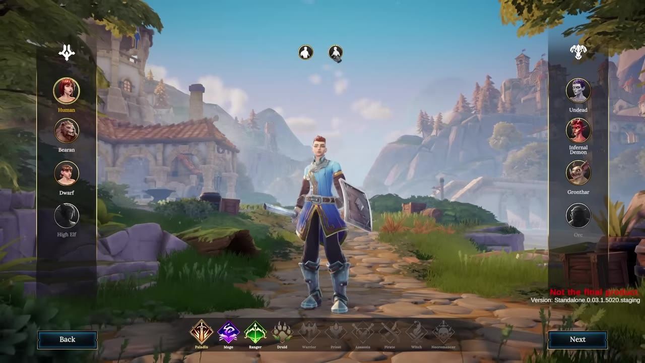 Character creation screen showing selectable races, a character model, and environment.