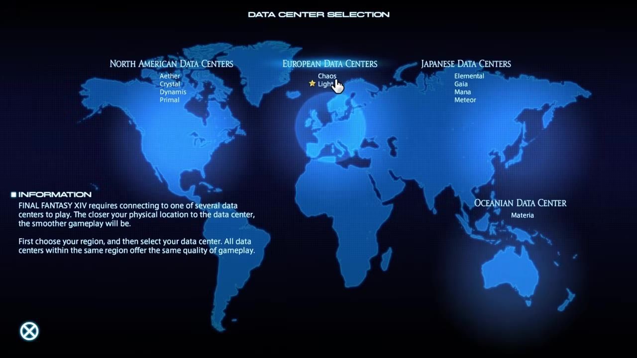 A screen showing the data center selection menu in Final Fantasy XIV with a map and region labels.