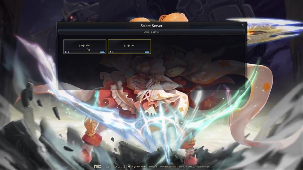 A server selection screen showing two options: Orfen and Core.