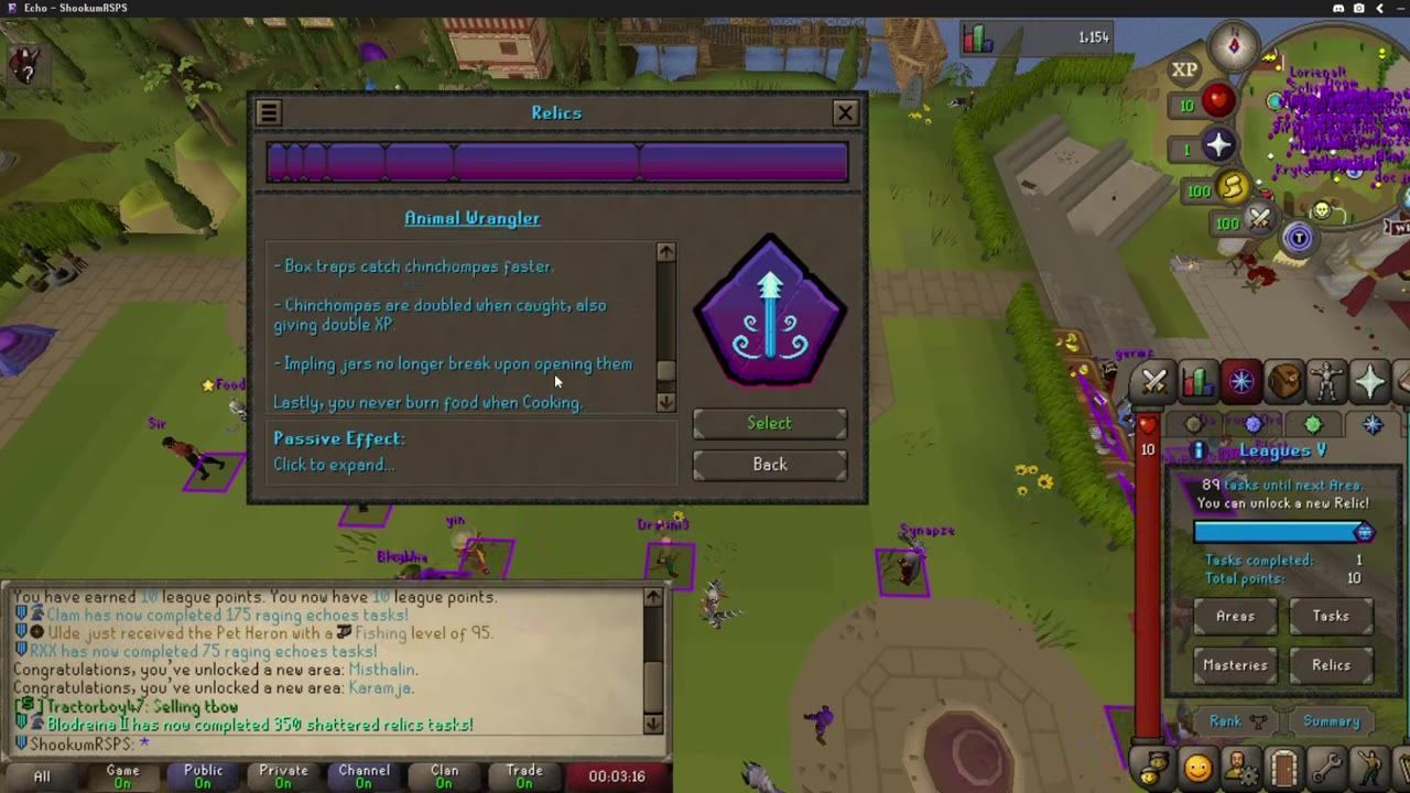 The screen shows the Animal Wrangler relic selection and its description.