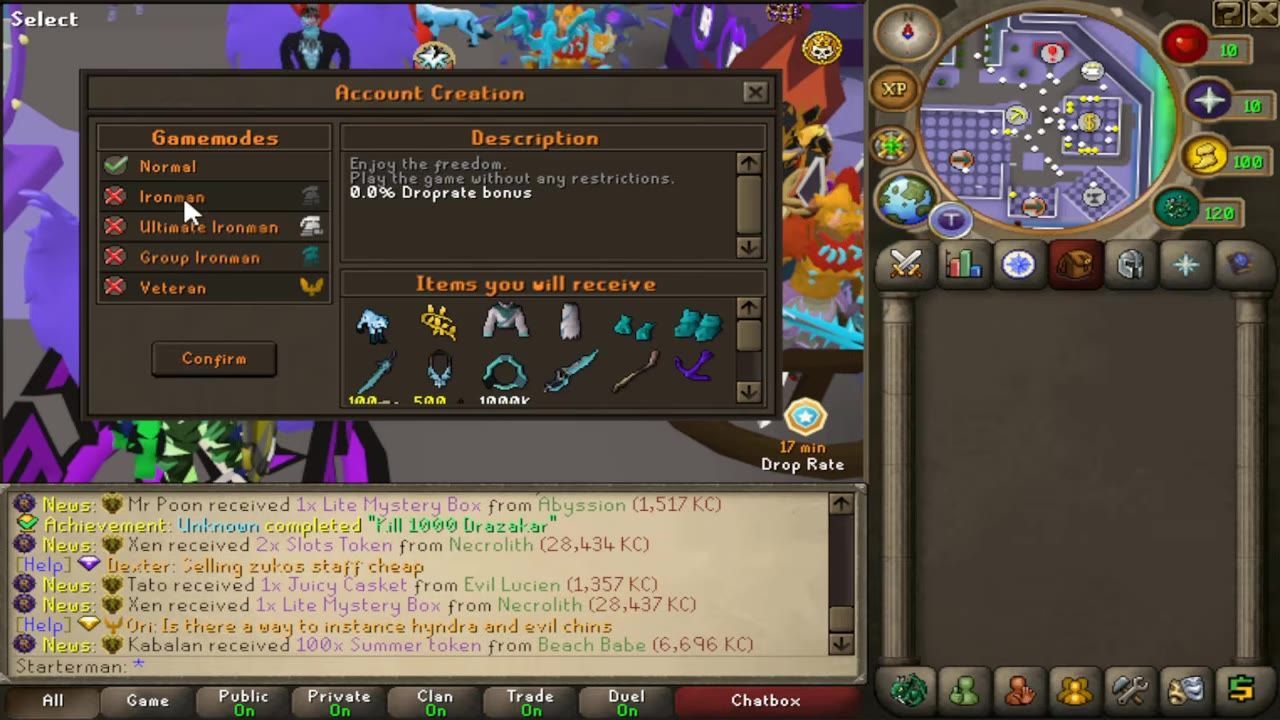 A game screen displaying the game mode selection menu labeled as Game Modes, descriptions, and items received.