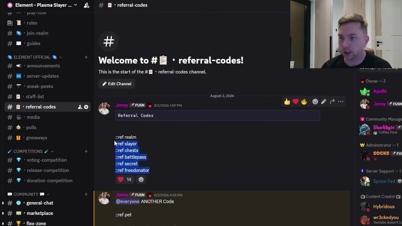 Discord server showing a channel with referral codes and the user interface.