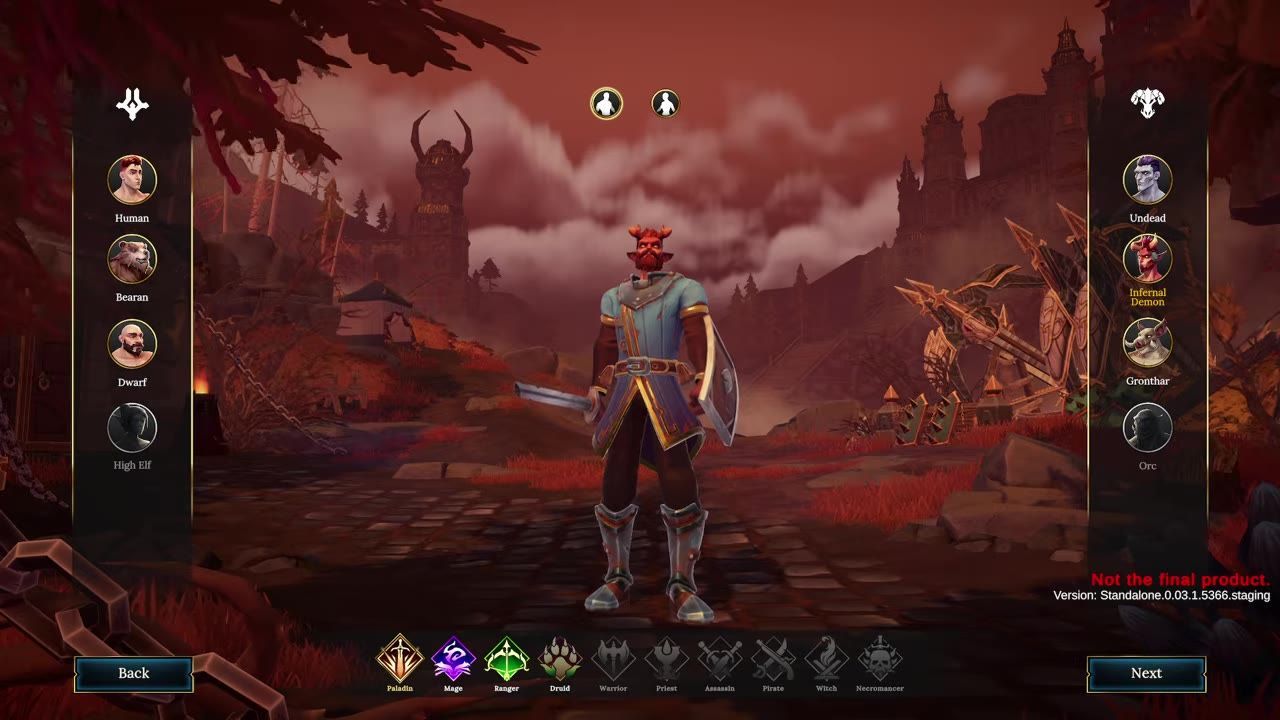 Character creation screen showing available races and classes with a central character model.