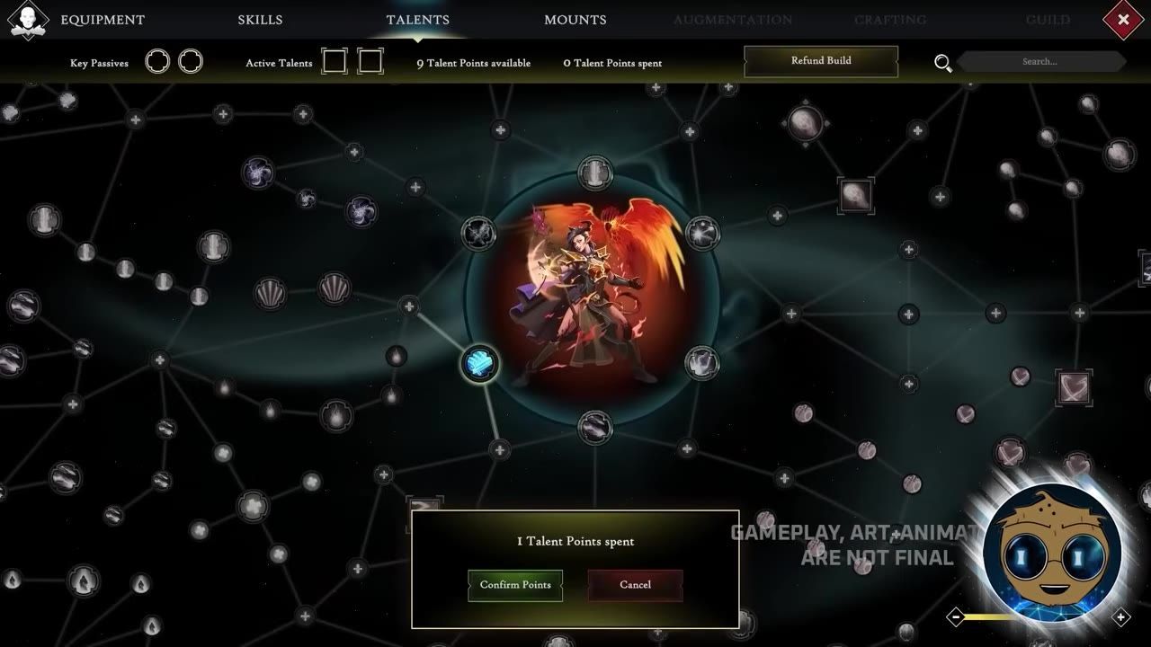 A skill tree interface with connected nodes, pathways, and character art in the center.