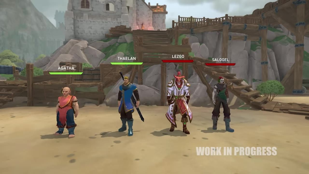 Four game characters standing in a village setting, each named and seemingly representing different classes.