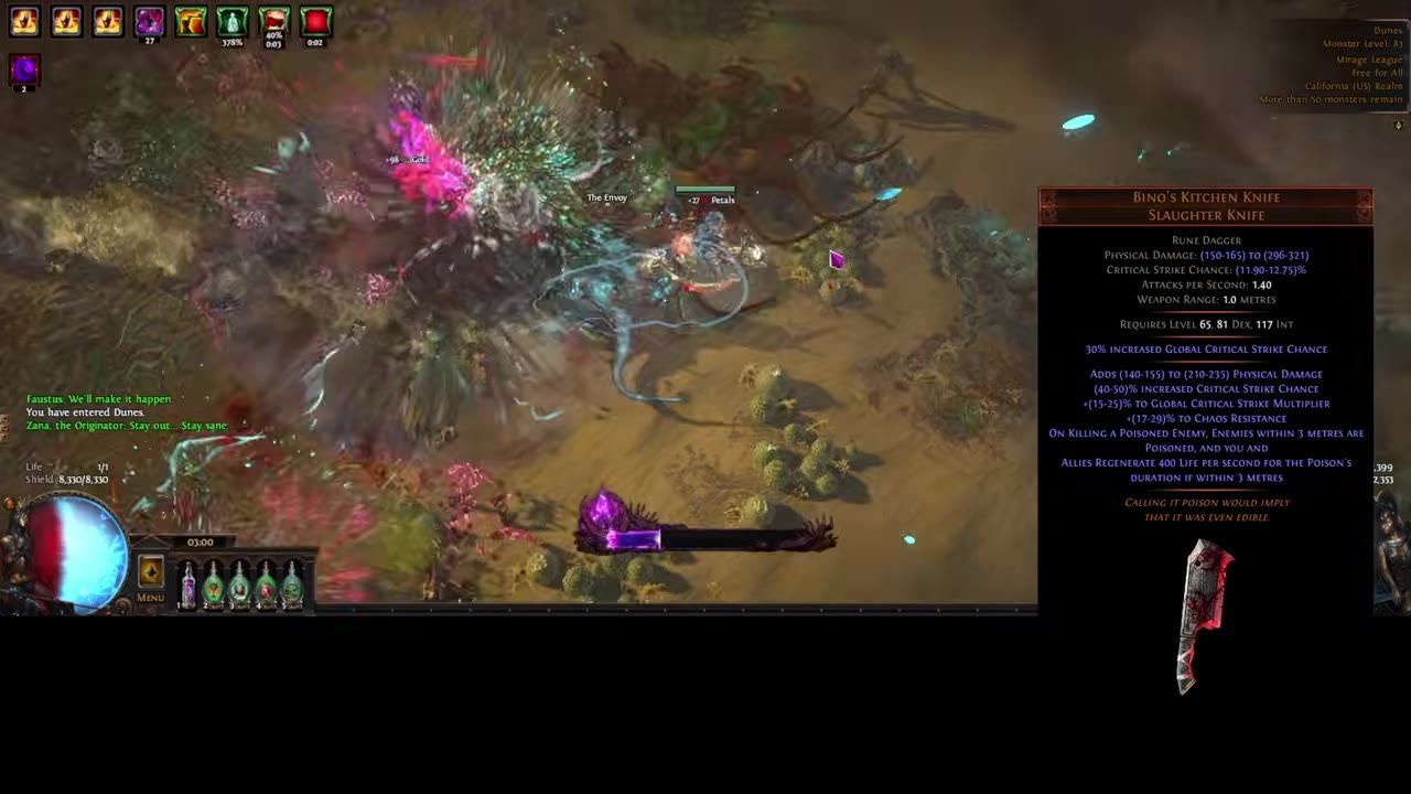 A player character attacking enemies with a dagger weapon in a game. The screen shows effects and chaos.