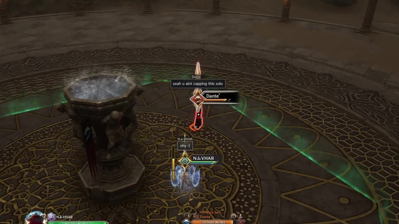 A PvP scene in a circular arena with two characters visible, one with a glowing shield.