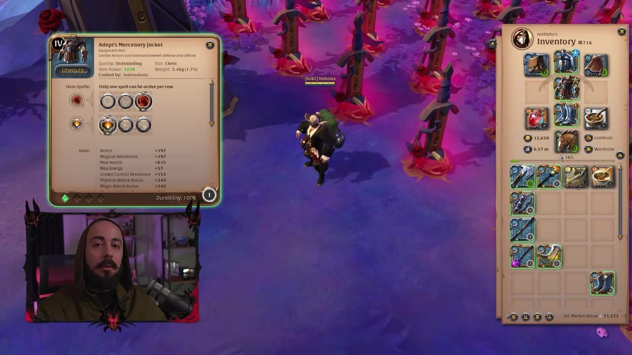 A game inventory screen showing the Adept's Mercenary Jacket selected and its details displayed.