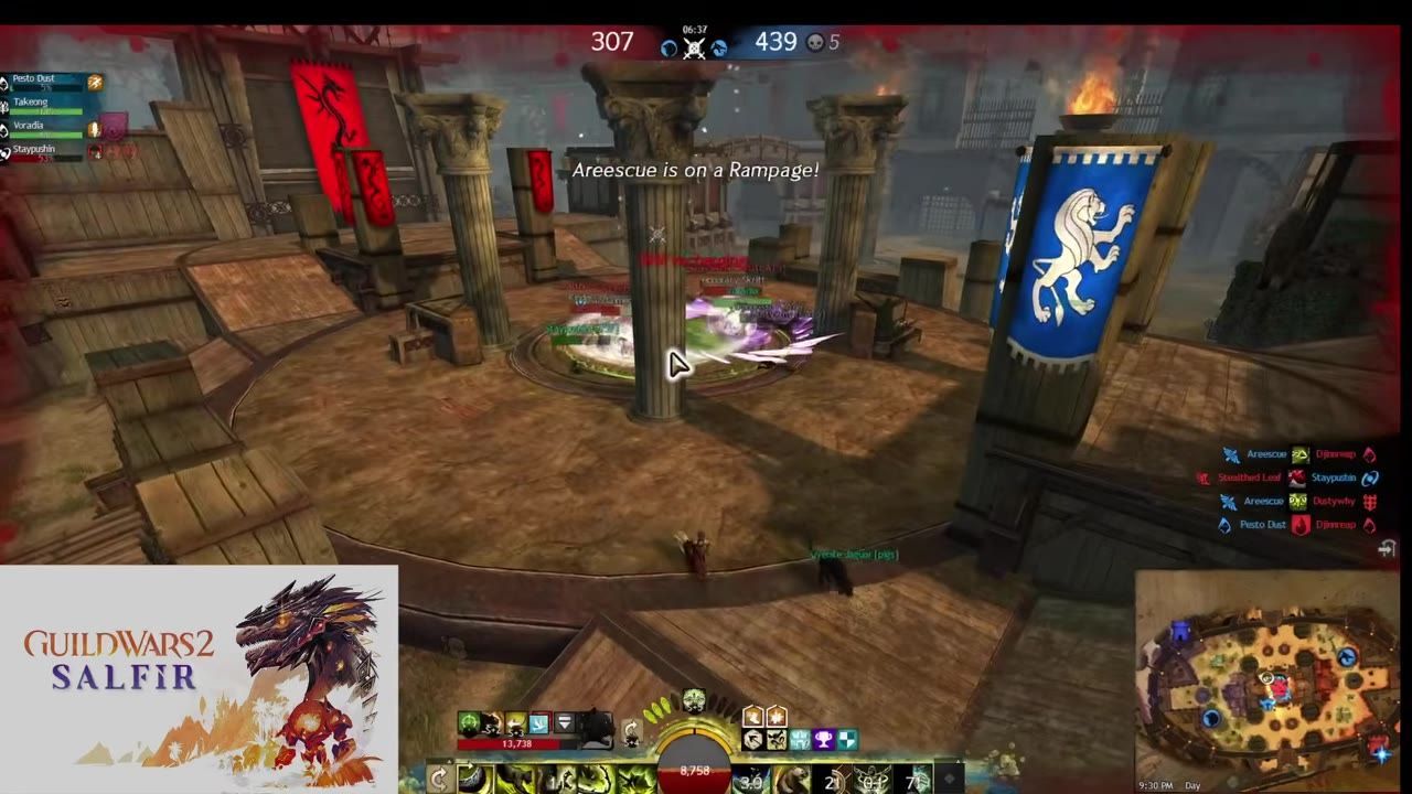 A PvP in-game scene with multiple players engaging in a combat scenario within a central arena.