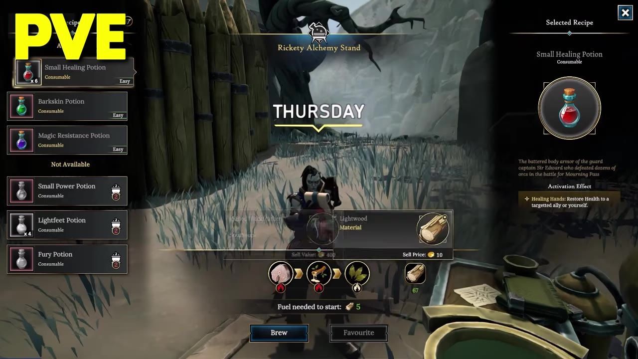 Game interface showing crafting options and profession details with a selected recipe and materials.