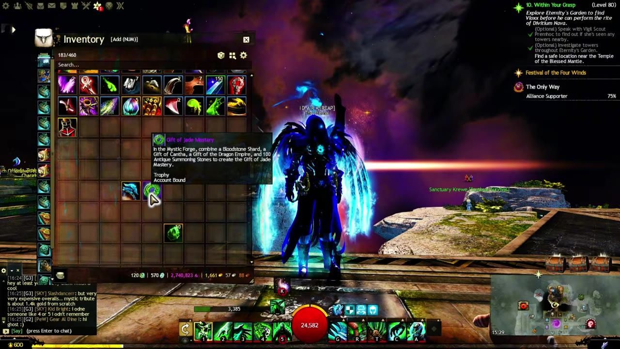 A character with glowing armor in a game standing in front of an inventory screen showing various items and a tooltip for Gift of Jade Mastery.