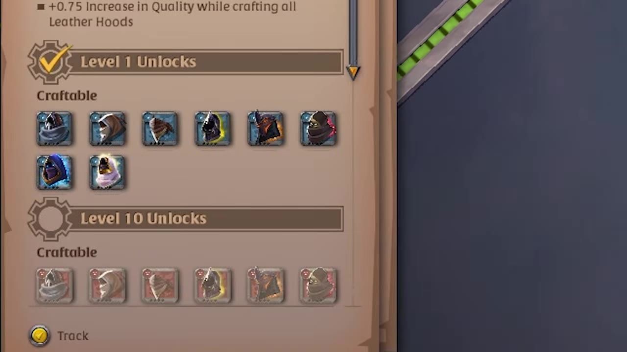 Interface showing crafting levels with artifact item options.