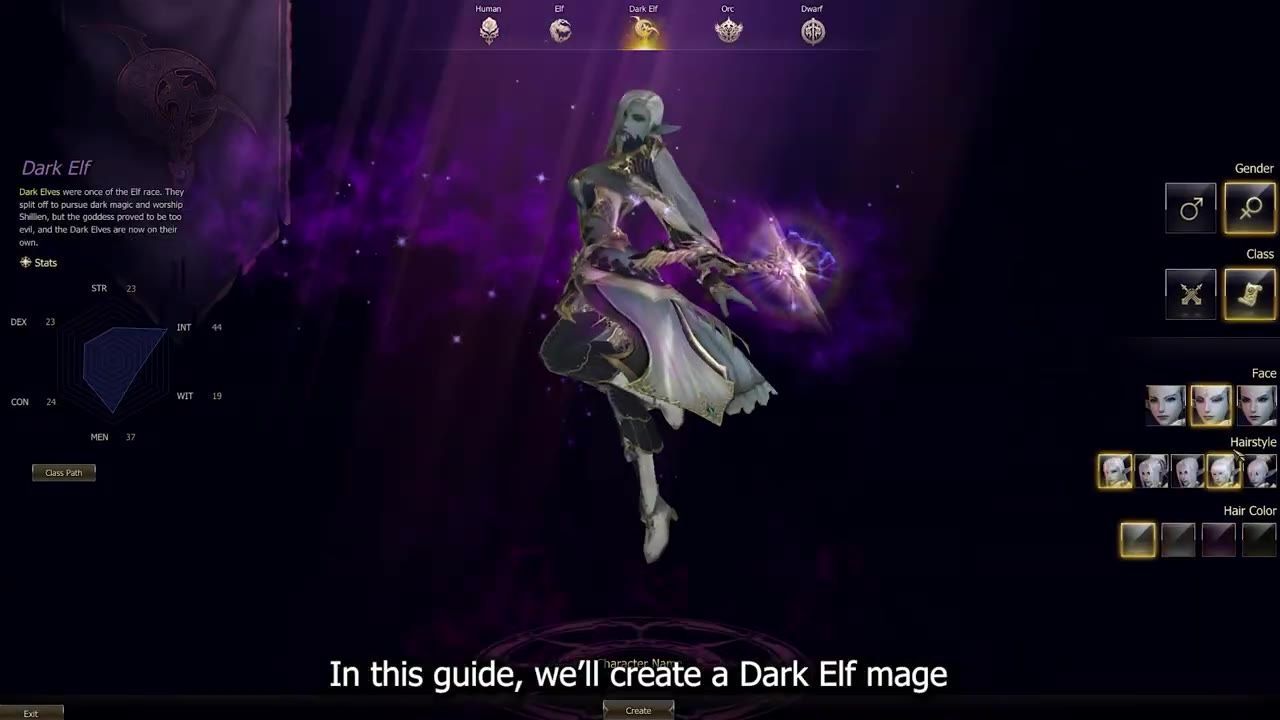 Character creation screen showing options for race, appearance, and class.