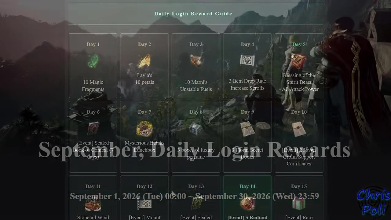 Display of daily login rewards for September in a game interface.