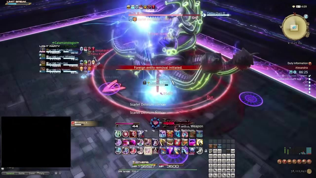 A gameplay frame showing a Dark Knight and their teammates during a combat encounter, with various effects on screen.