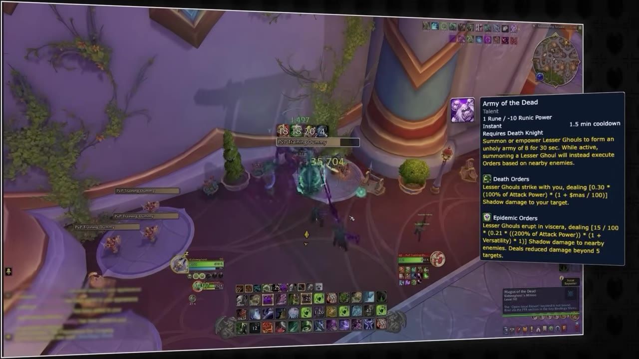 Game interface showing Army of the Dead tooltip with description and highlighted details related to single target and AoE abilities.