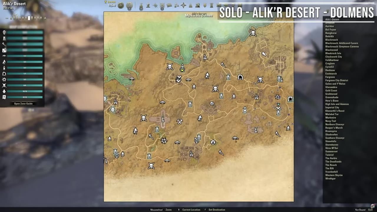 The in-game map of Alik'r Desert showing marked locations including Dolmens and various icons.