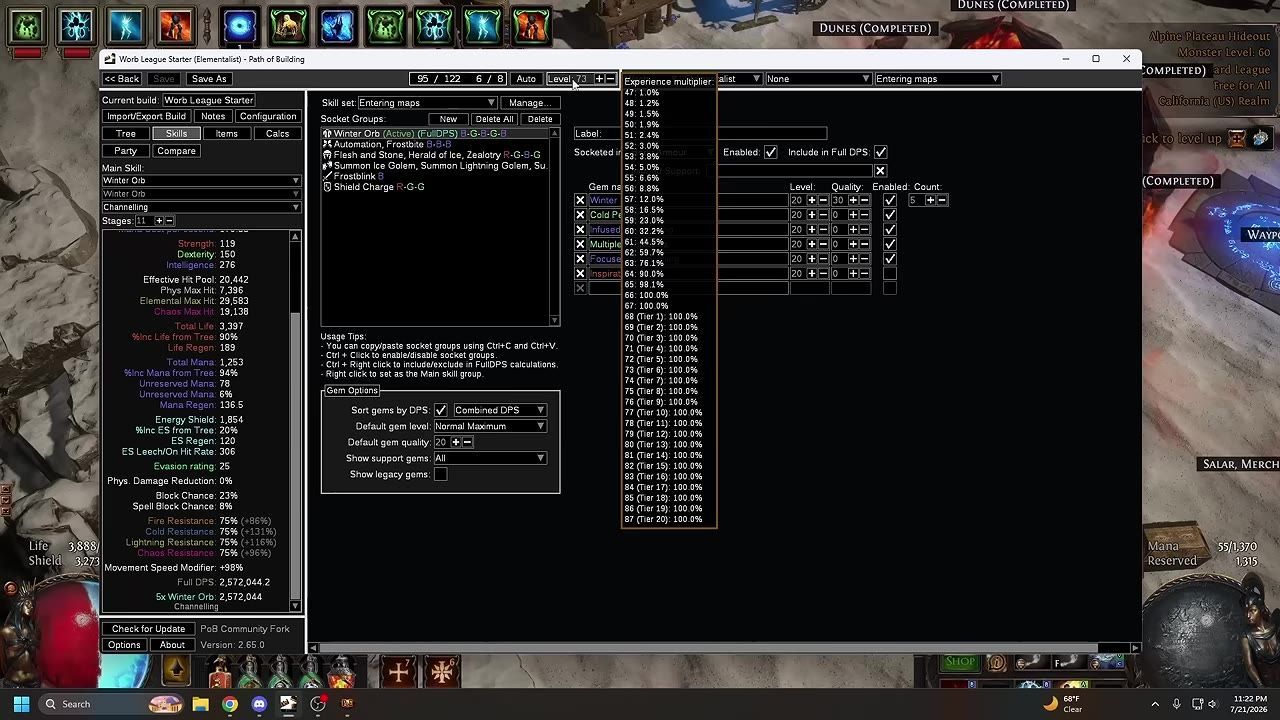 A gameplay interface showing stats, skill setups, and DPS calculation information.