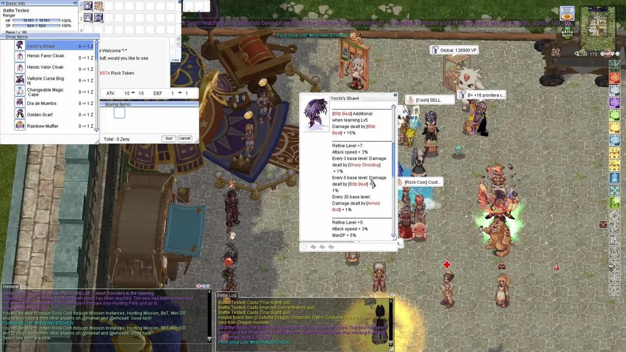 Game interface showing a shop with items for purchase including Yoichi's Shawl from the Rock Coin shop, along with character and map elements.