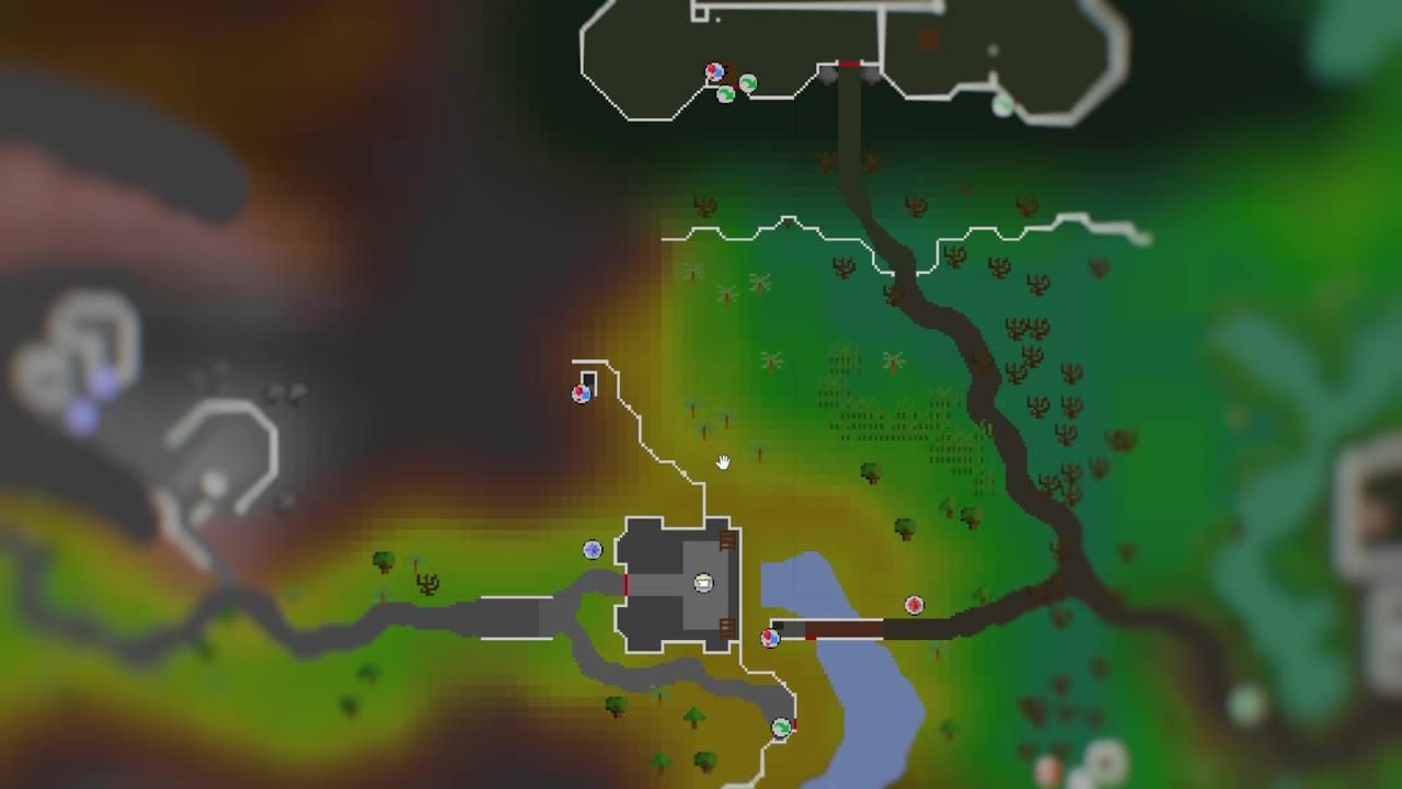 A map view showing various locations and paths in a game.