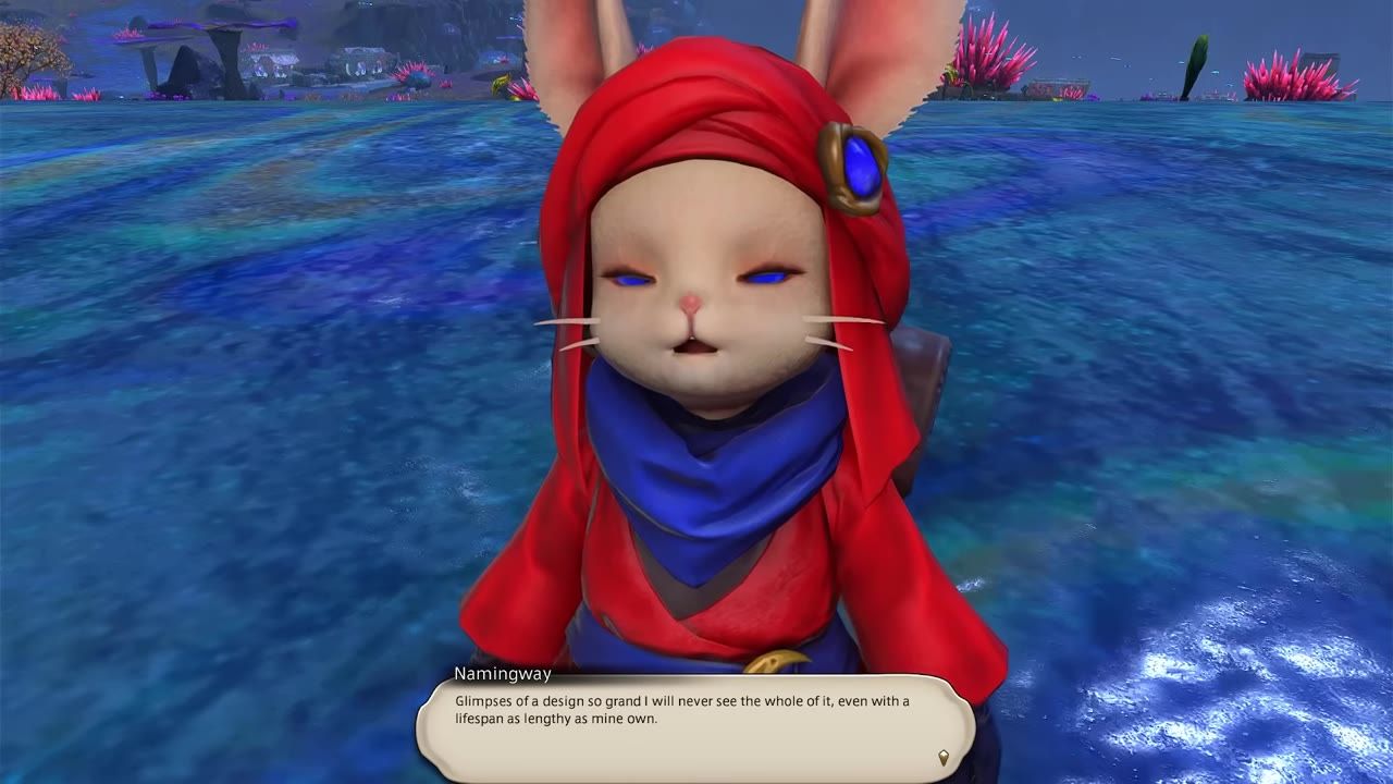 A Namazu-like NPC in a red hood stands in a luminous blue alien landscape with pink coral-like plants and a dialogue box at the bottom.