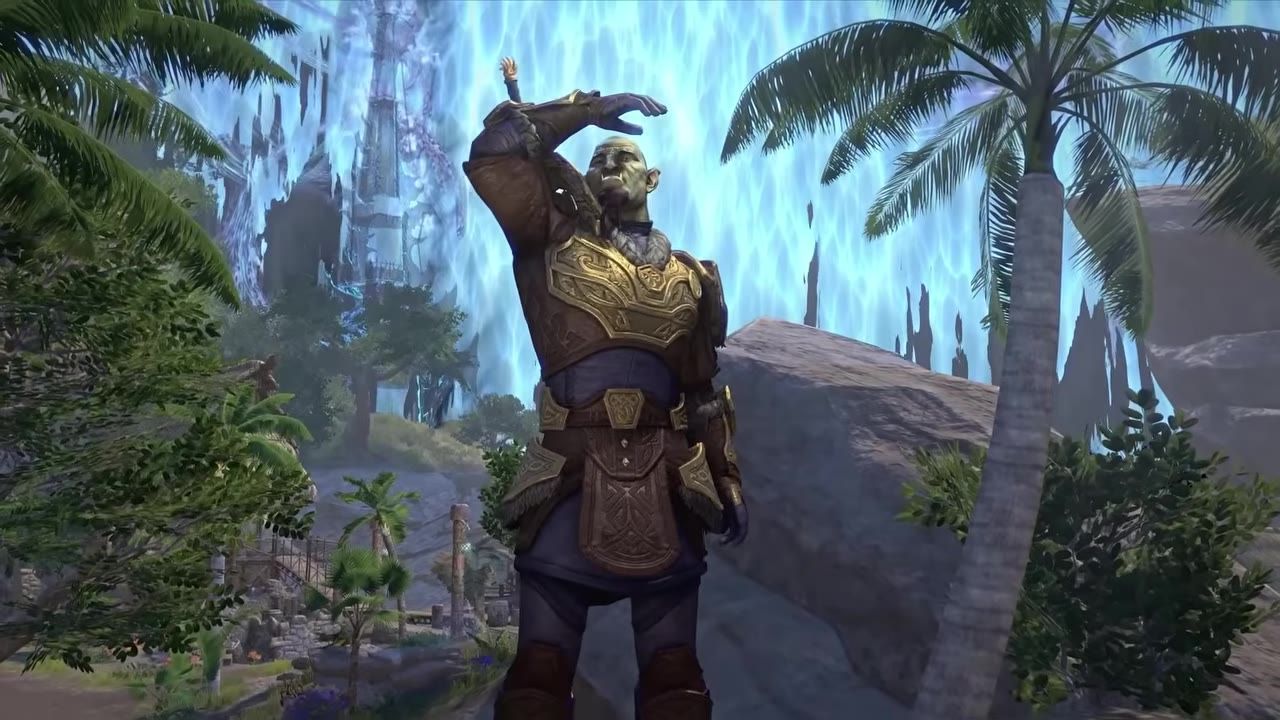An armored character shielding their eyes while standing in a lush jungle with cliffs and palm trees.