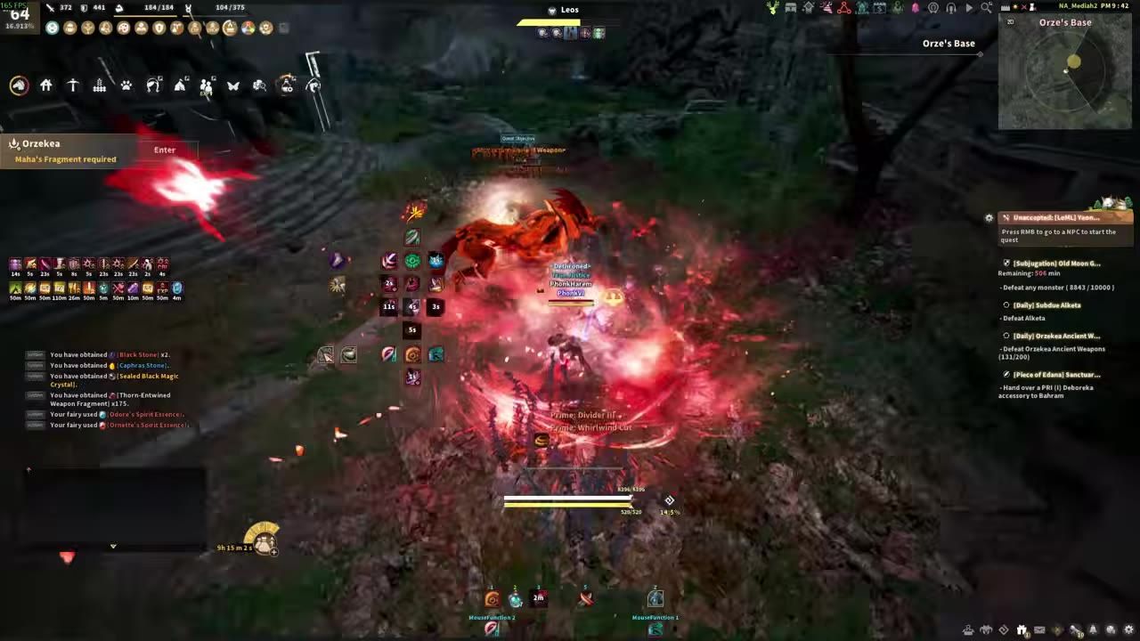 Gameplay scene from Black Desert showing active combat with abilities and effects displayed.