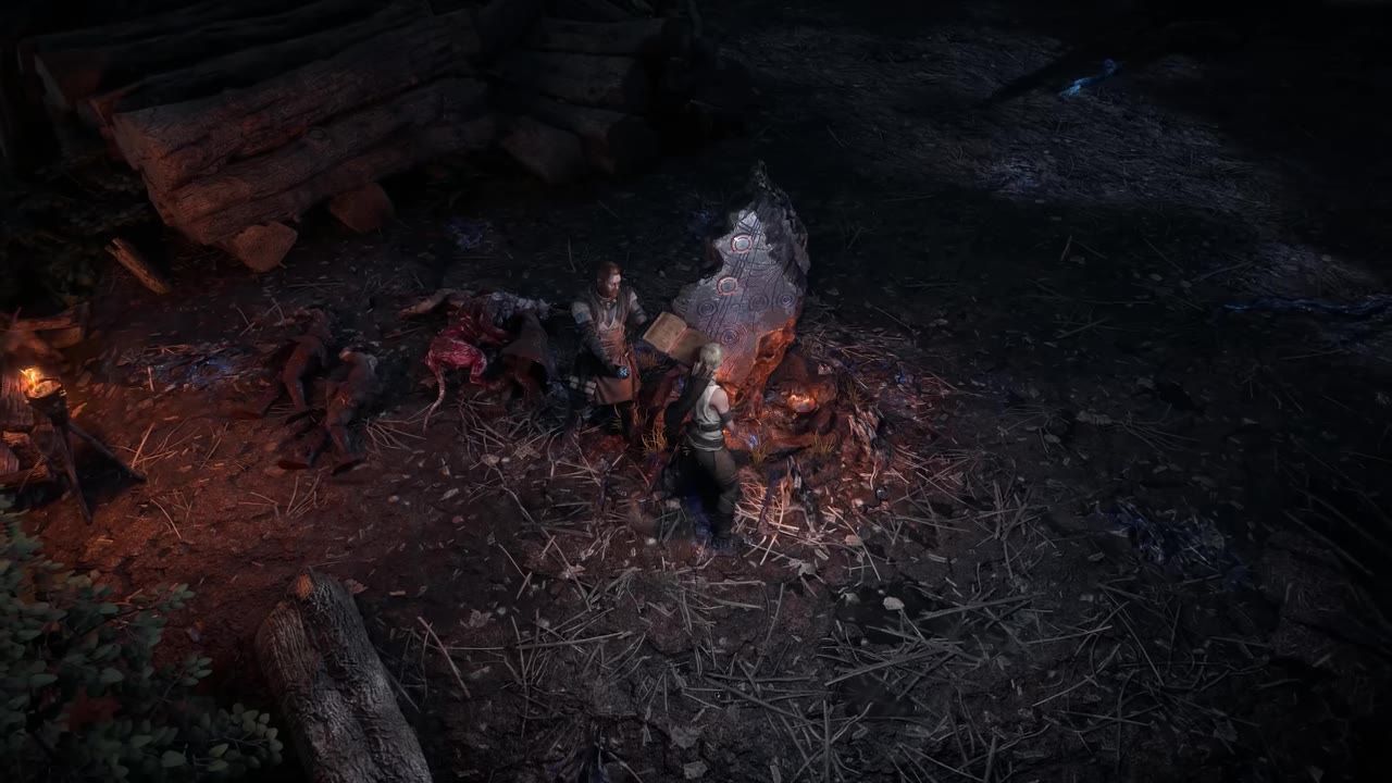 Two characters interacting with a rune-like object surrounded by remnants in a forested area.