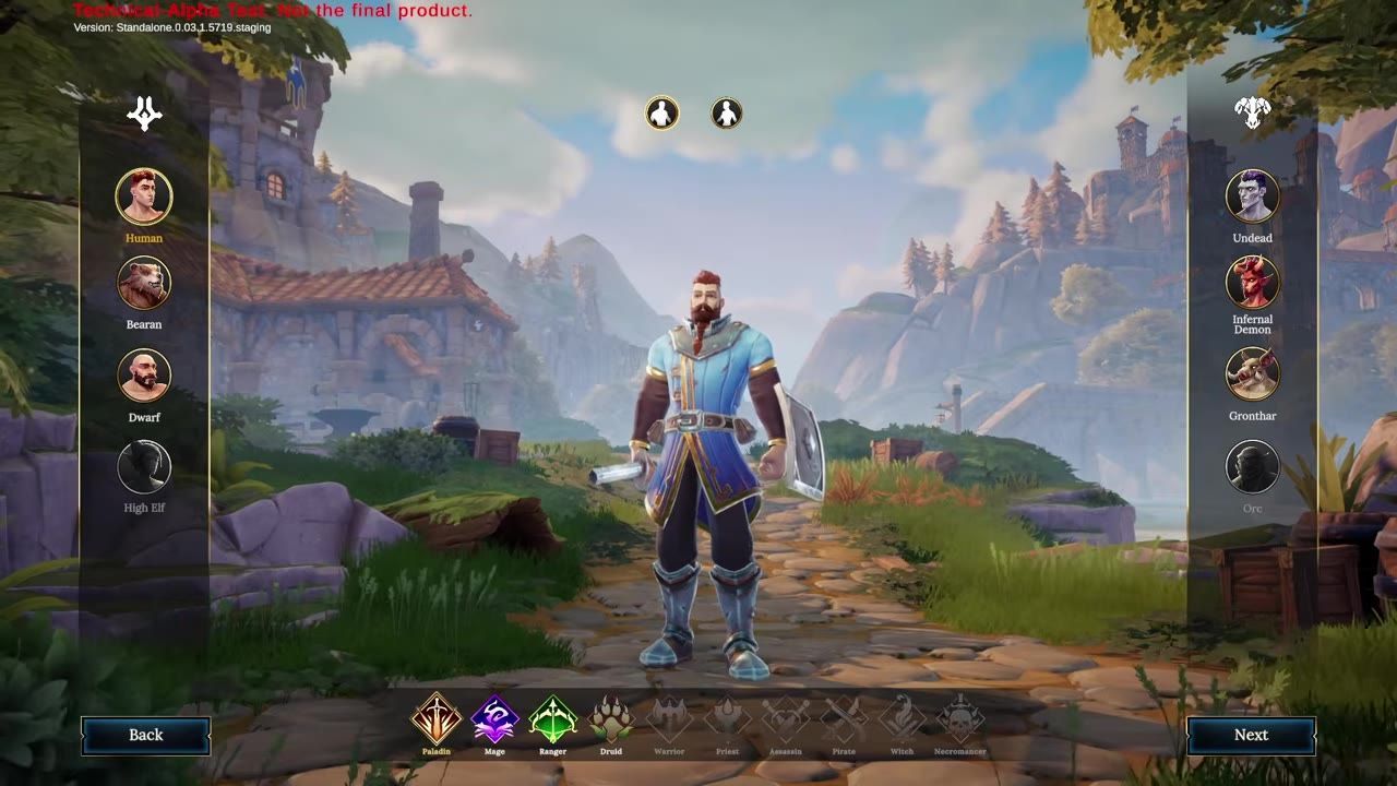A character selection screen showing factions and available races, with a human character in the center in front of a picturesque background.