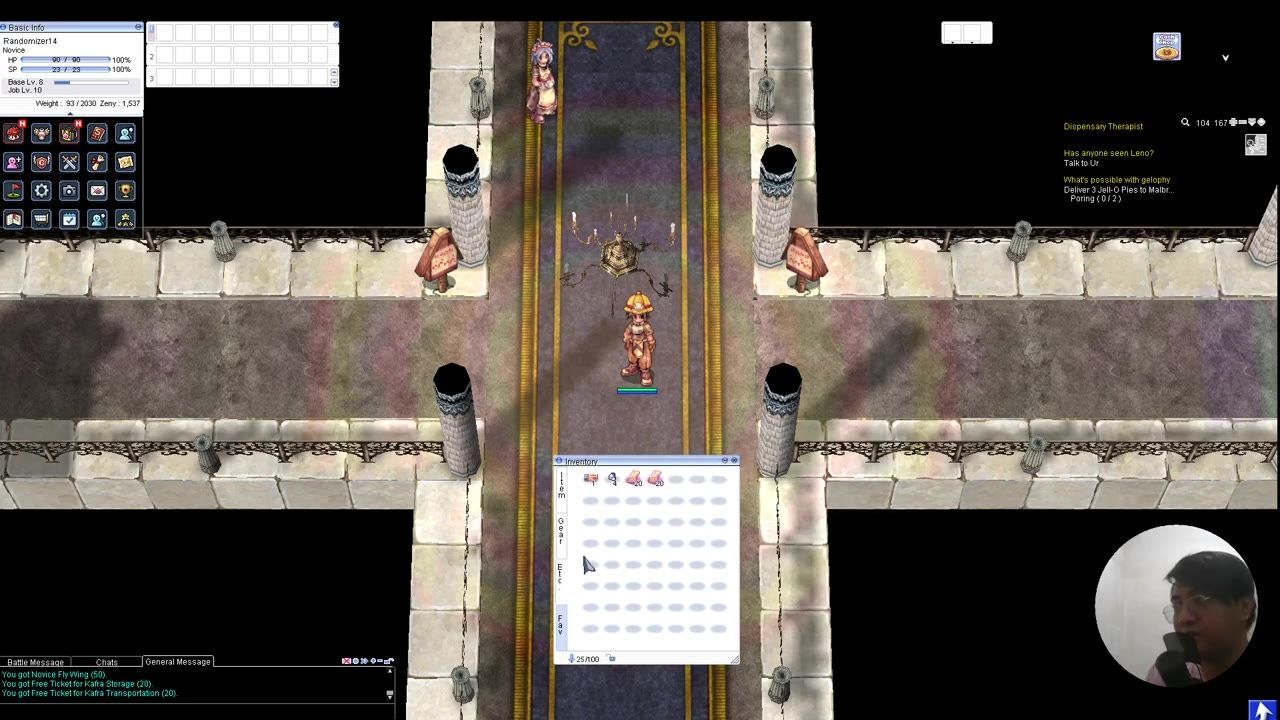 A game screen showing a character standing in a hallway with an open inventory window displaying items in the center.