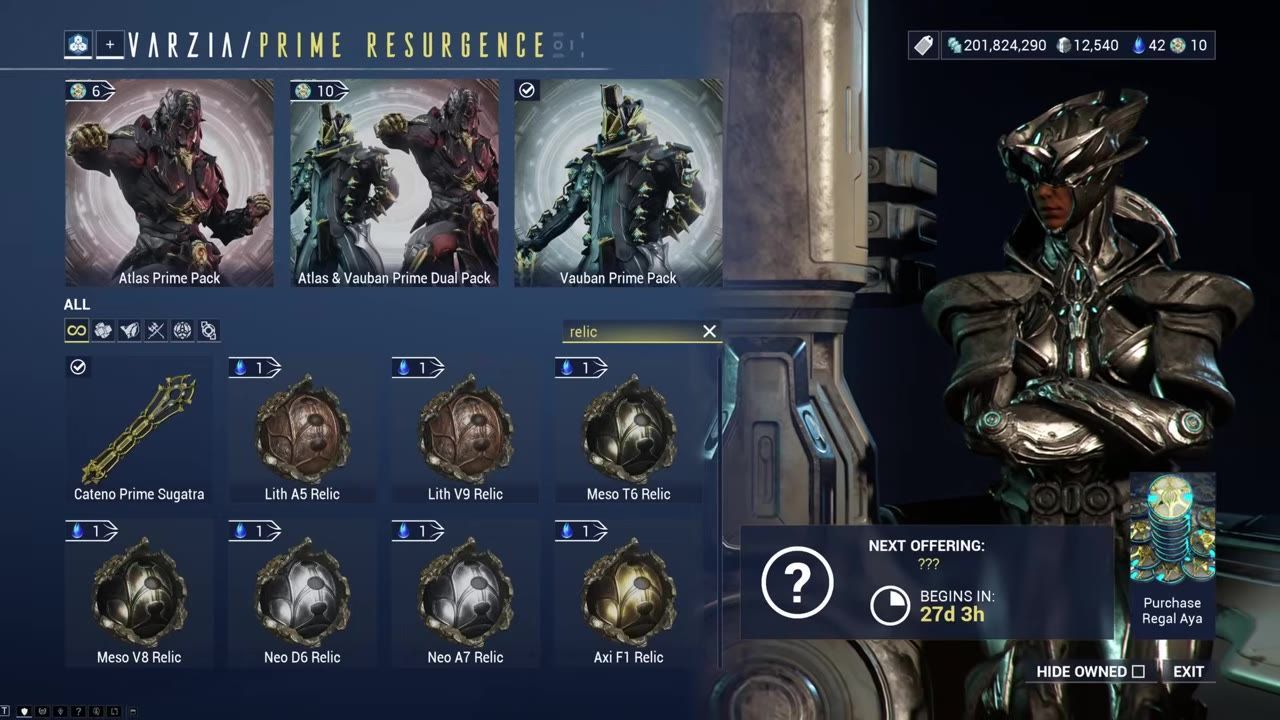 Varzia Prime Resurgence menu showing selection of relics and packs.