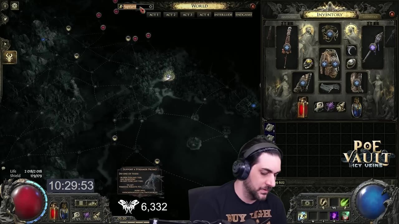 Game screen showing world map and inventory with 'rupture' highlighted for selection.
