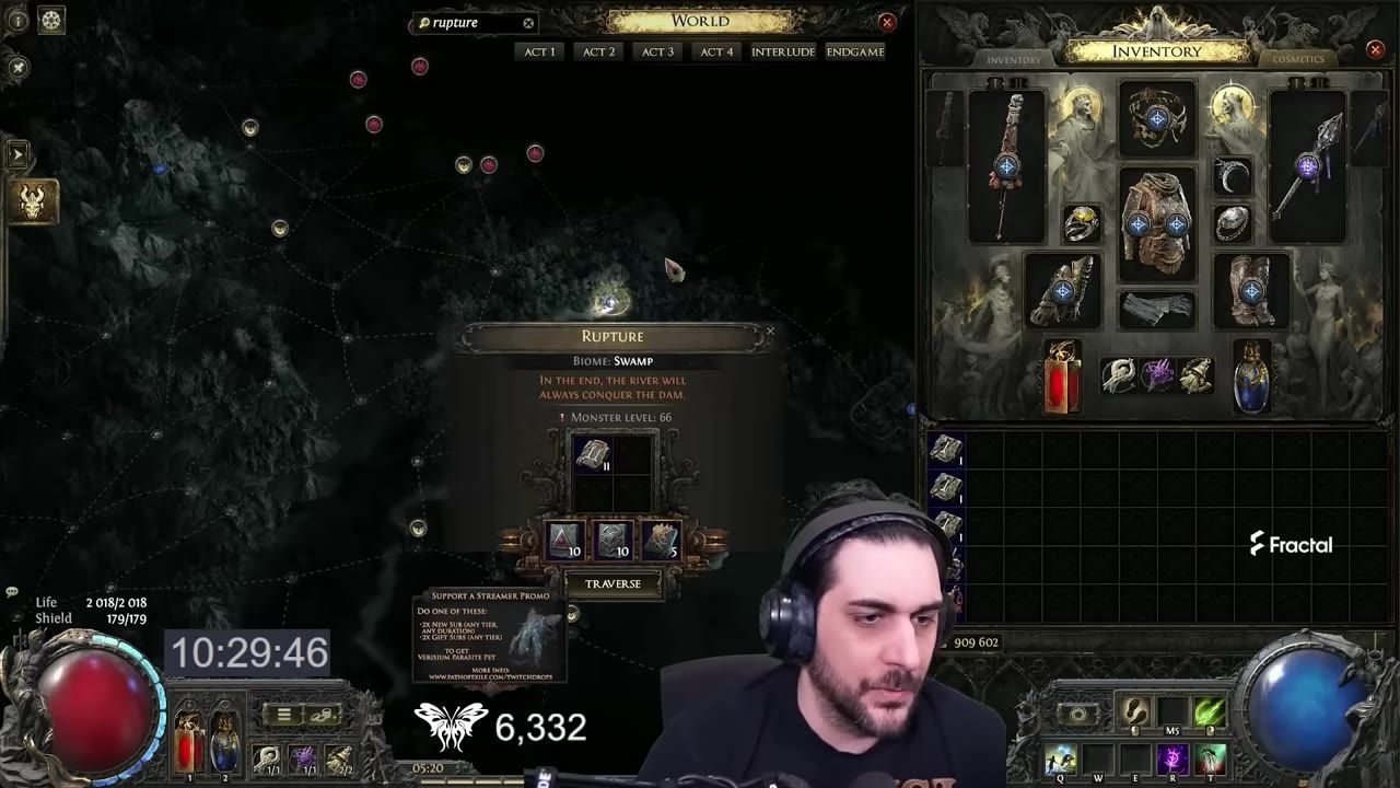 Map interface of a game showing Rupture maps and associated details, alongside a character inventory and overlay elements.