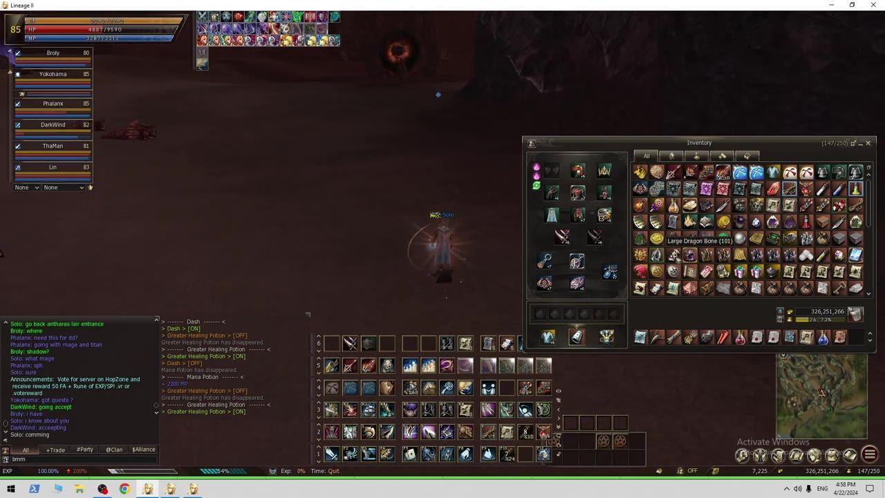 Game inventory screen showing various items, with Large Dragon Bone highlighted.