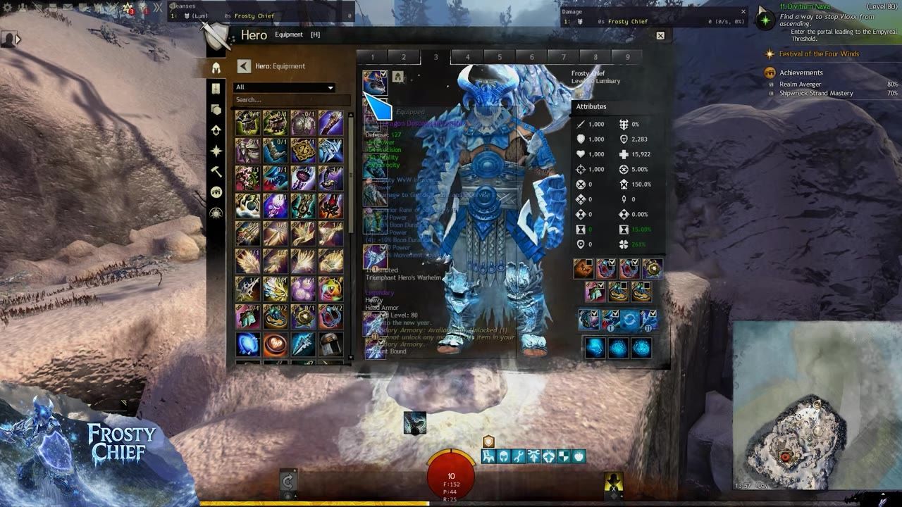 Character equipment screen displaying gear and attributes in a snowy landscape.
