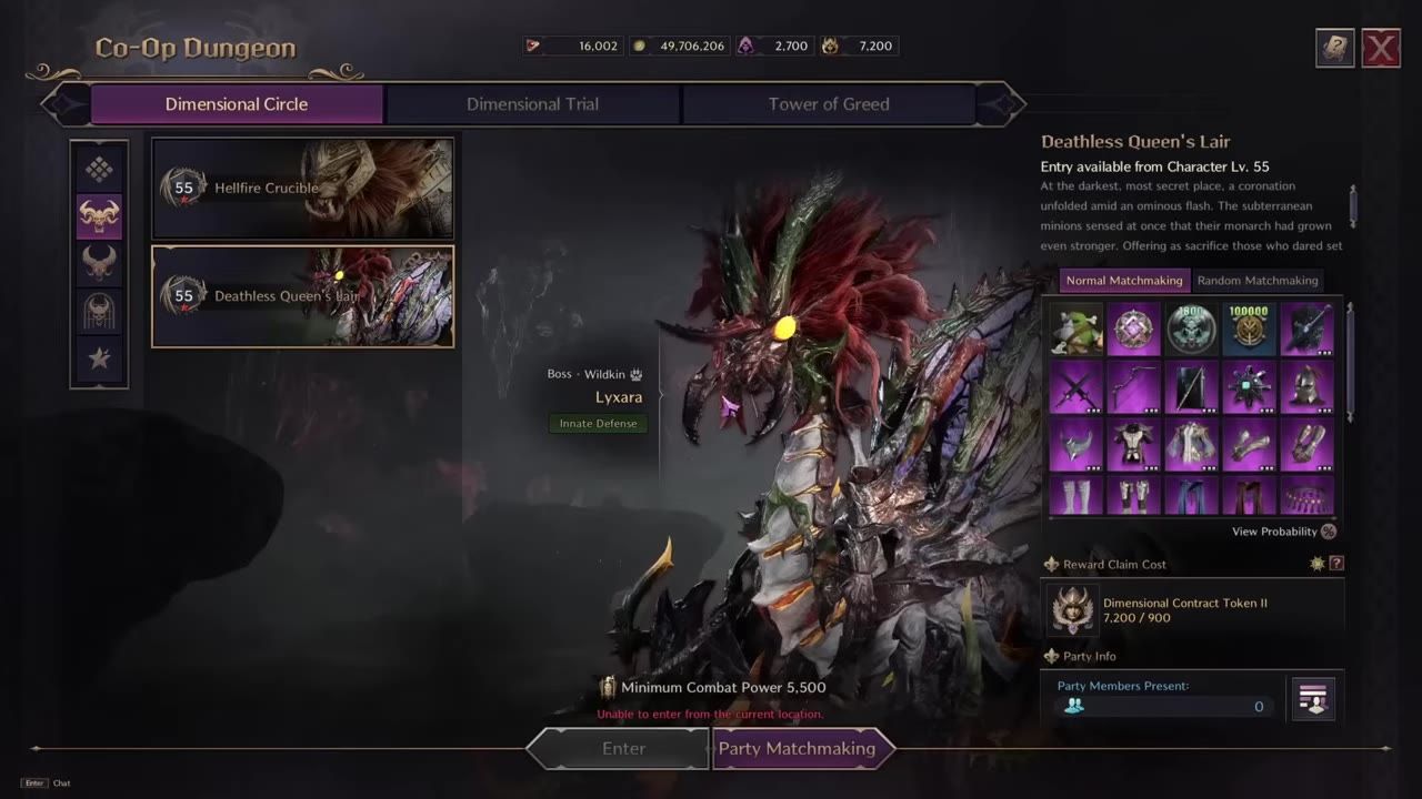A dungeon selection screen for the Deathless Queen's Lair featuring the boss Lyxara and associated rewards.