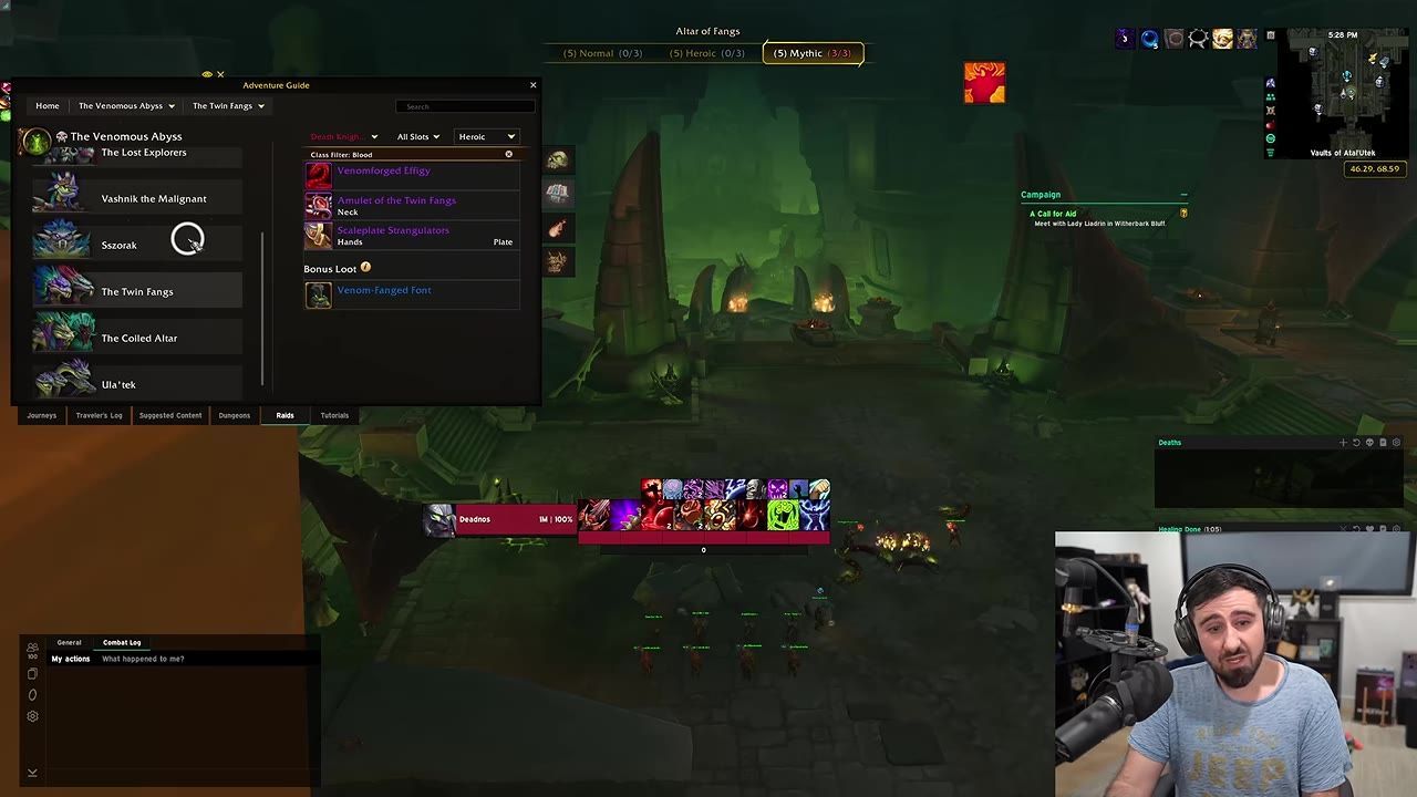 The Adventure Guide interface displays loot details for a raid encounter, with associated trinkets and gear highlighted.