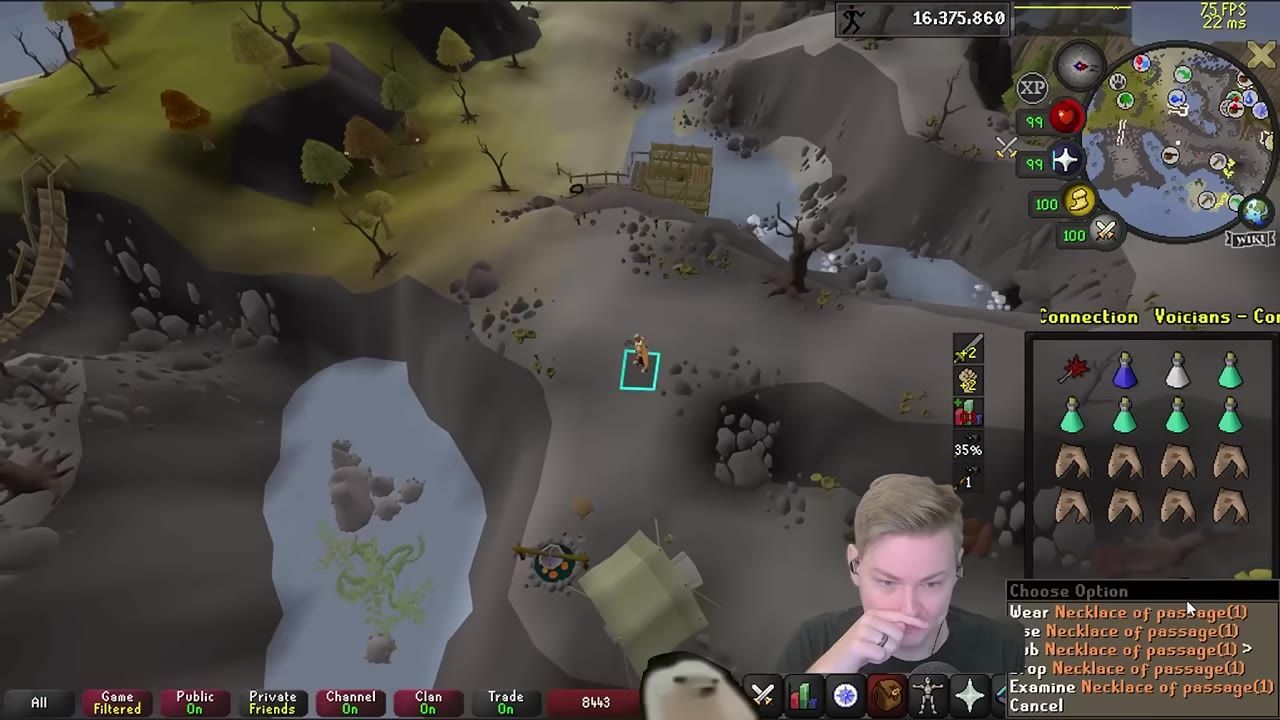Game screen showing the player character in a landscape with the inventory open, highlighting the Necklace of Passage.